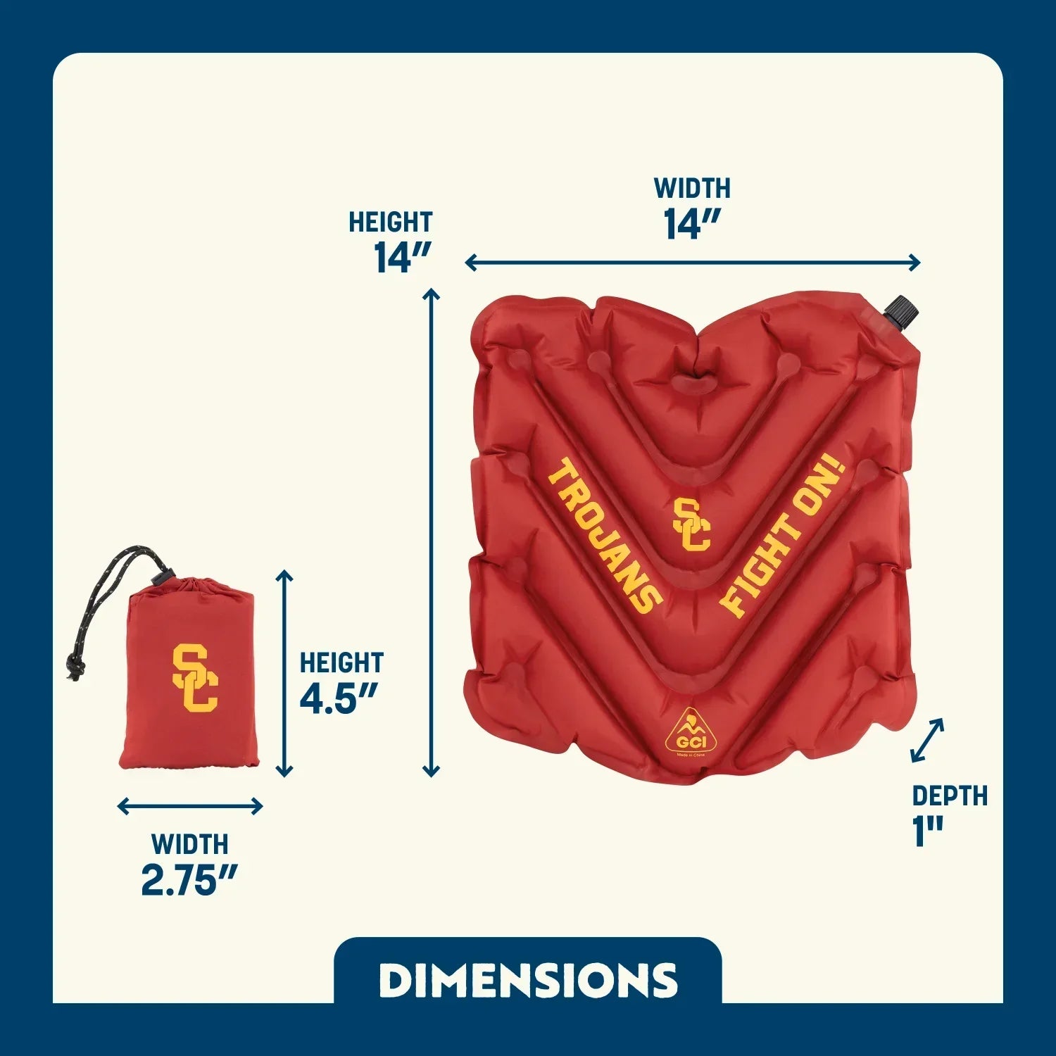 Ultra-Lightweight College V Seat Inflatable Stadium Cushion - USC Trojans - Choice 523 - Grandstand Cushion Seat with Secure Under-Bench Hooks Detail