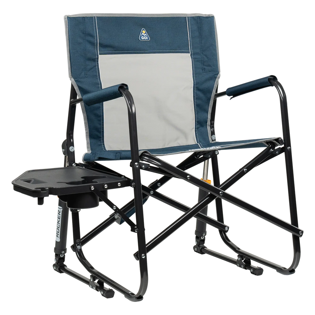 Luxury Camp Freestyle Rocker with Side Table - Choice 853 - Patented Spring-Action Rocking Chair for Camping - Heathered Indigo