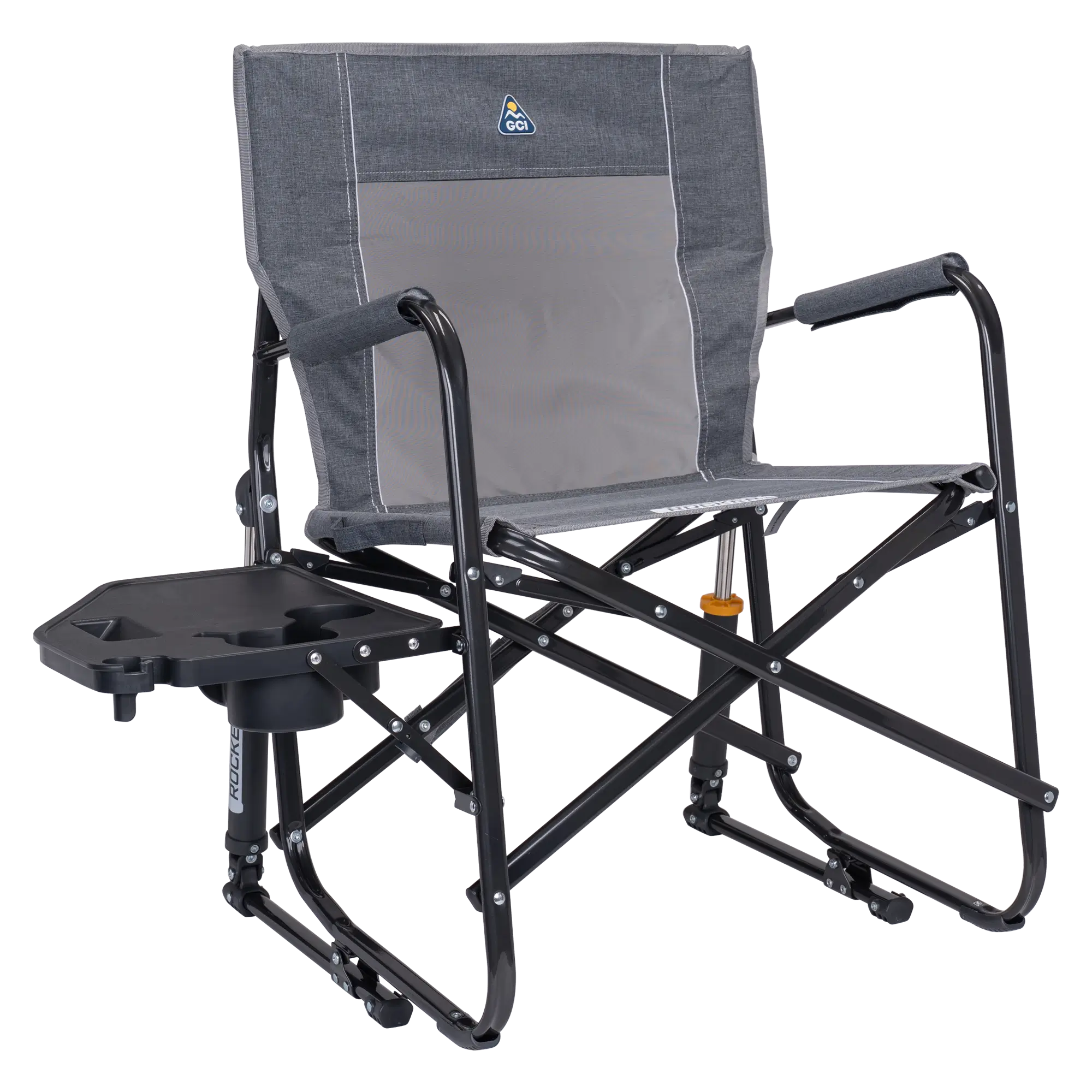 Luxury Camp Freestyle Rocker with Side Table - Choice 853 - Patented Spring-Action Rocking Chair for Camping - Heathered Pewter