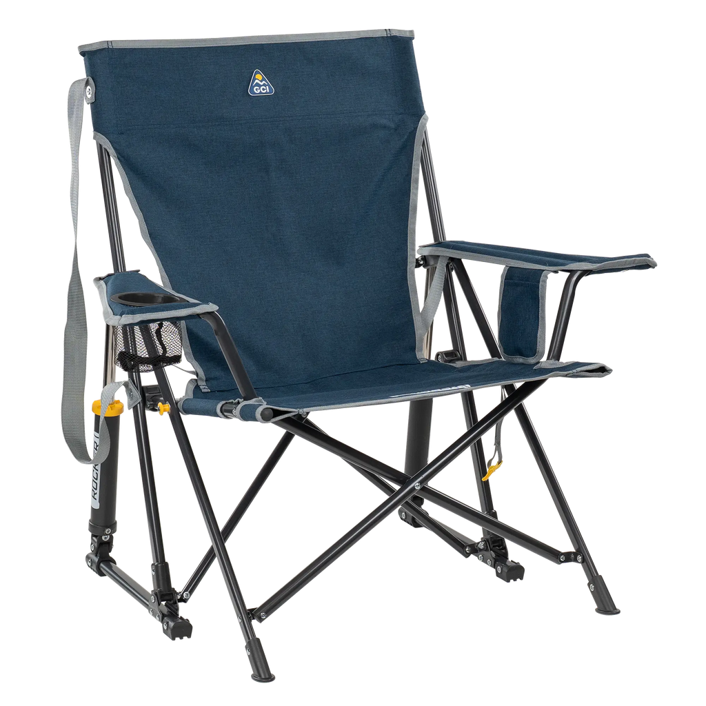 Luxury Camp Kickback Rocker - Choice 345 - Heavy-Duty Kickback Rocker with Beverage Holder - Heathered Indigo