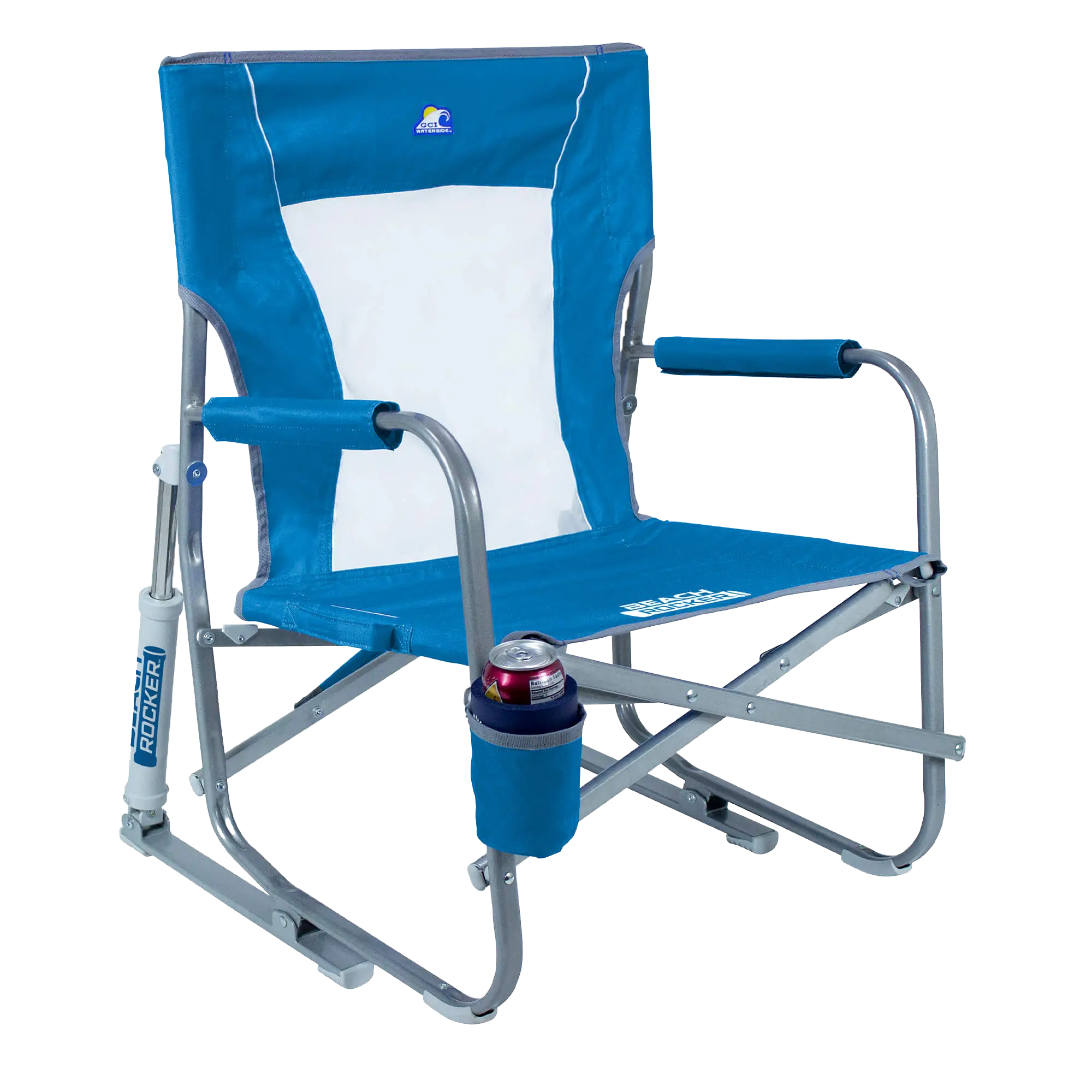 Luxury Camp Beach Rocker Bundle - Choice 773 - Heavy-Duty Kickback Rocker with Beverage Holder Detail