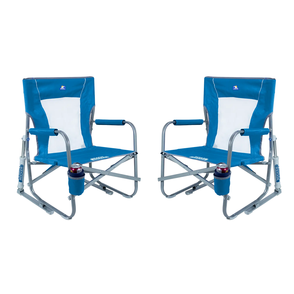 Luxury Camp Beach Rocker Bundle - Choice 773 - Heavy-Duty Kickback Rocker with Beverage Holder - Saybrook Blue