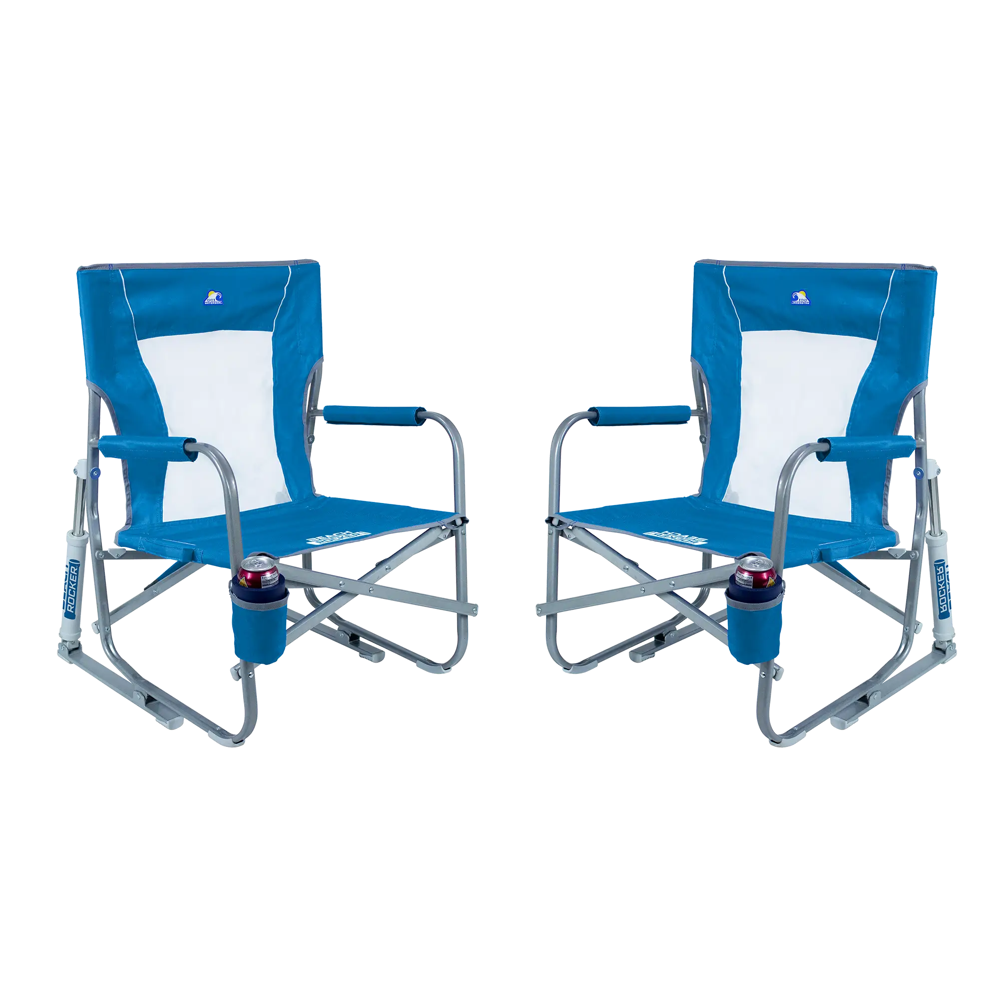 Luxury Camp Beach Rocker Bundle - Choice 773 - Heavy-Duty Kickback Rocker with Beverage Holder - Saybrook Blue