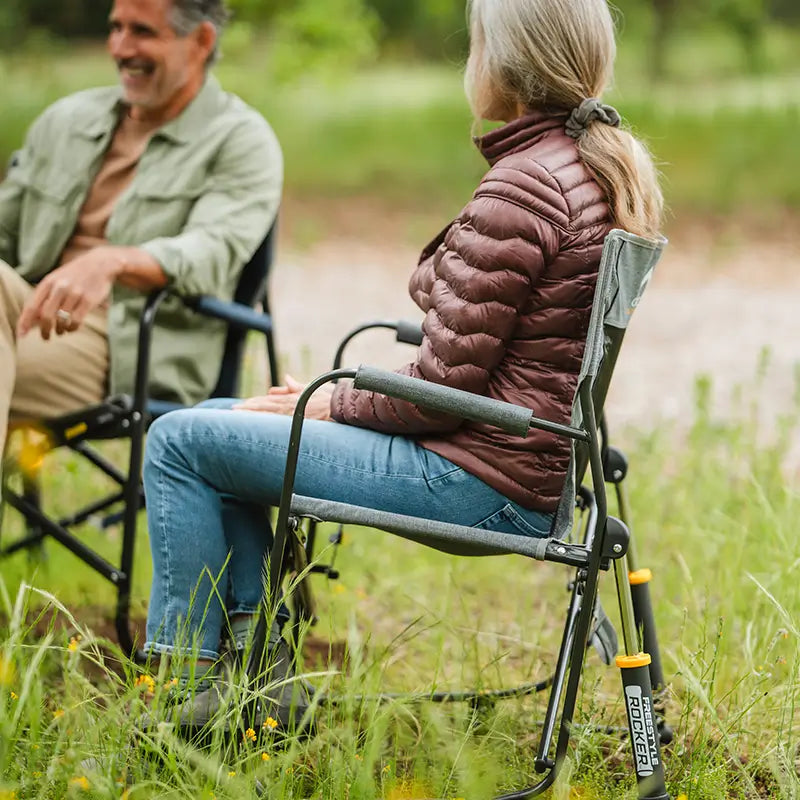 Luxury Camp Freestyle Rocker with Side Table - Choice 853 - Patented Spring-Action Rocking Chair for Camping Detail