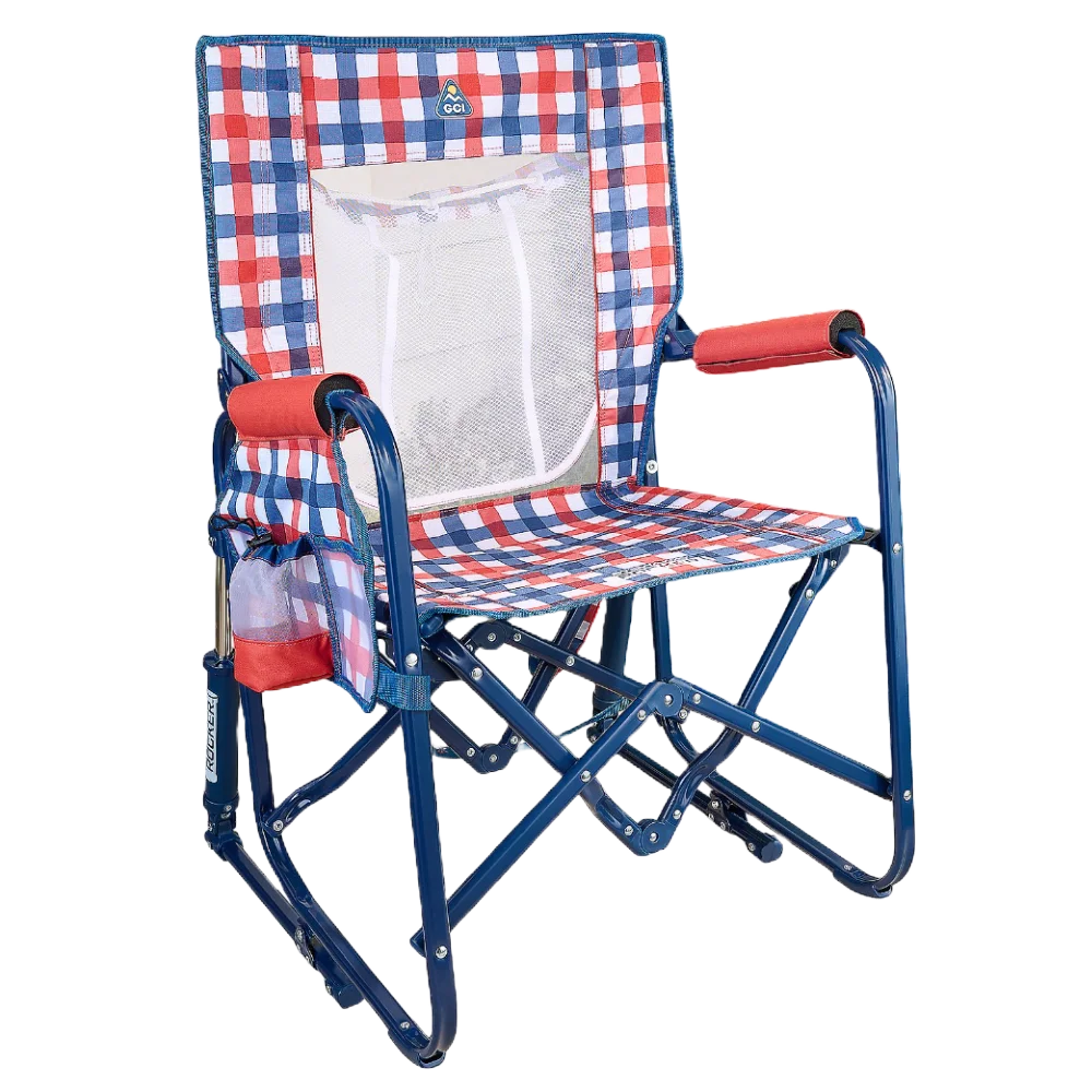 Patented Spring-Action Stowaway Rocker with Storage Pouch - Choice 573 - Heavy-Duty Kickback Rocker with Beverage Holder - Patriotic Plaid