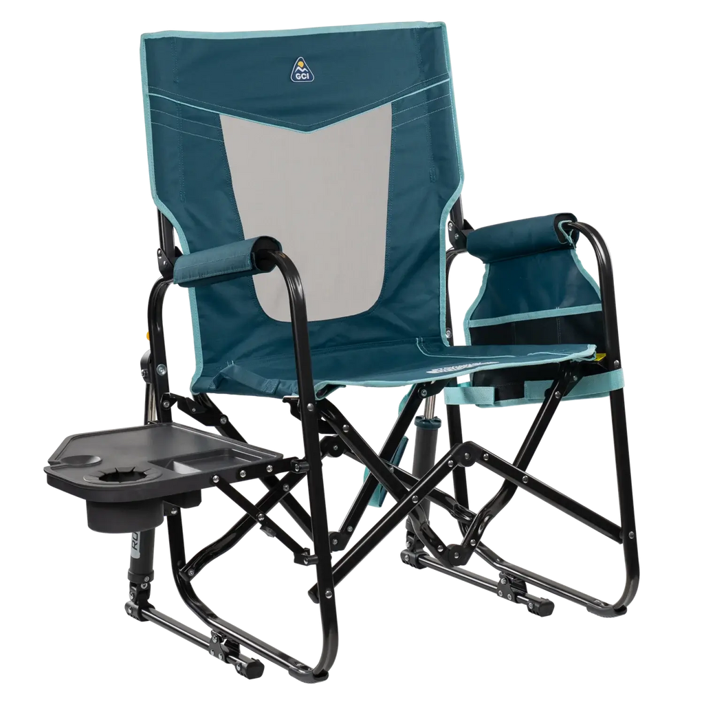 Patented Spring-Action Stowaway Rocker with Side Table - Choice 253 - Heavy-Duty Kickback Rocker with Beverage Holder - Teal