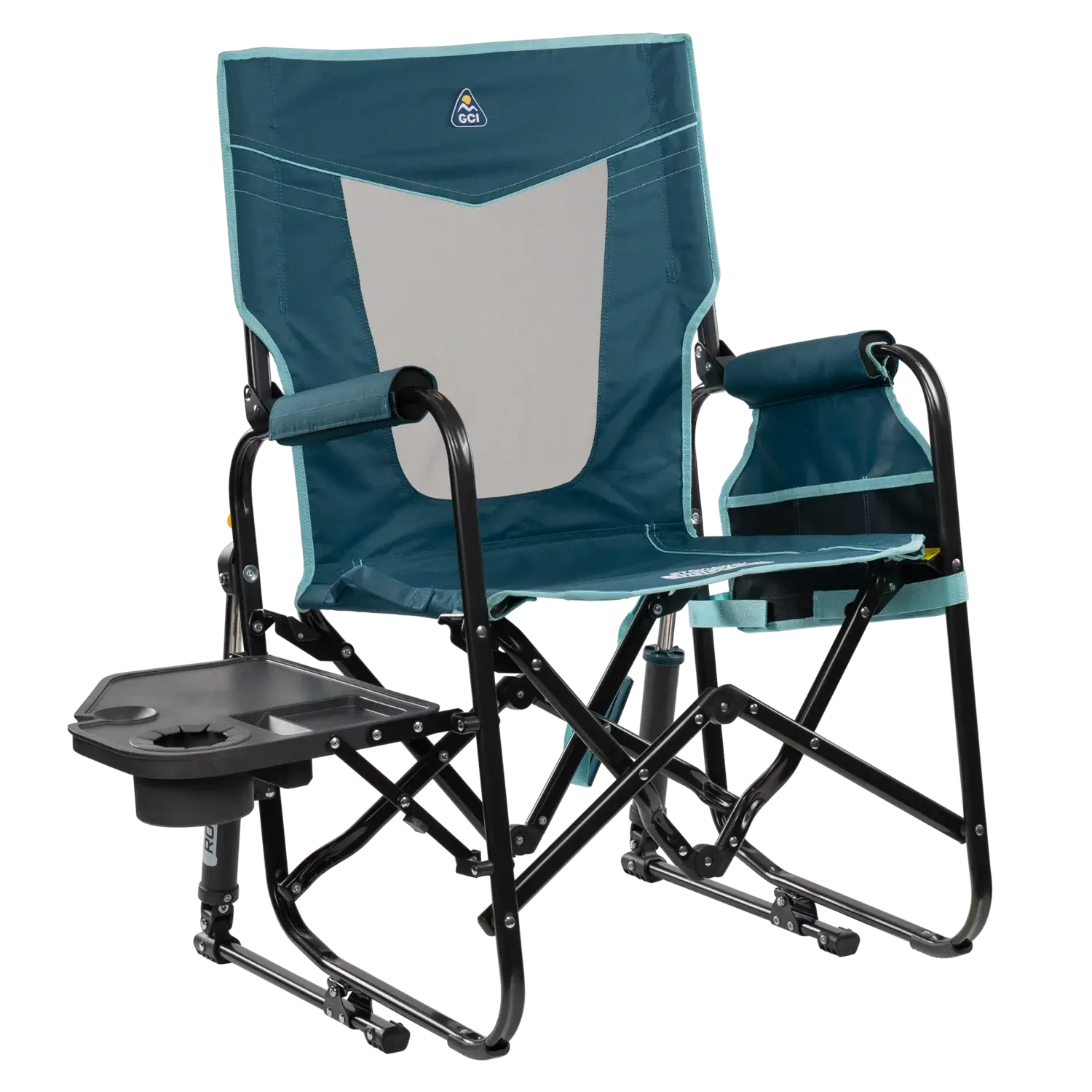 Patented Spring-Action Stowaway Rocker with Side Table - Choice 253 - Heavy-Duty Kickback Rocker with Beverage Holder - Teal